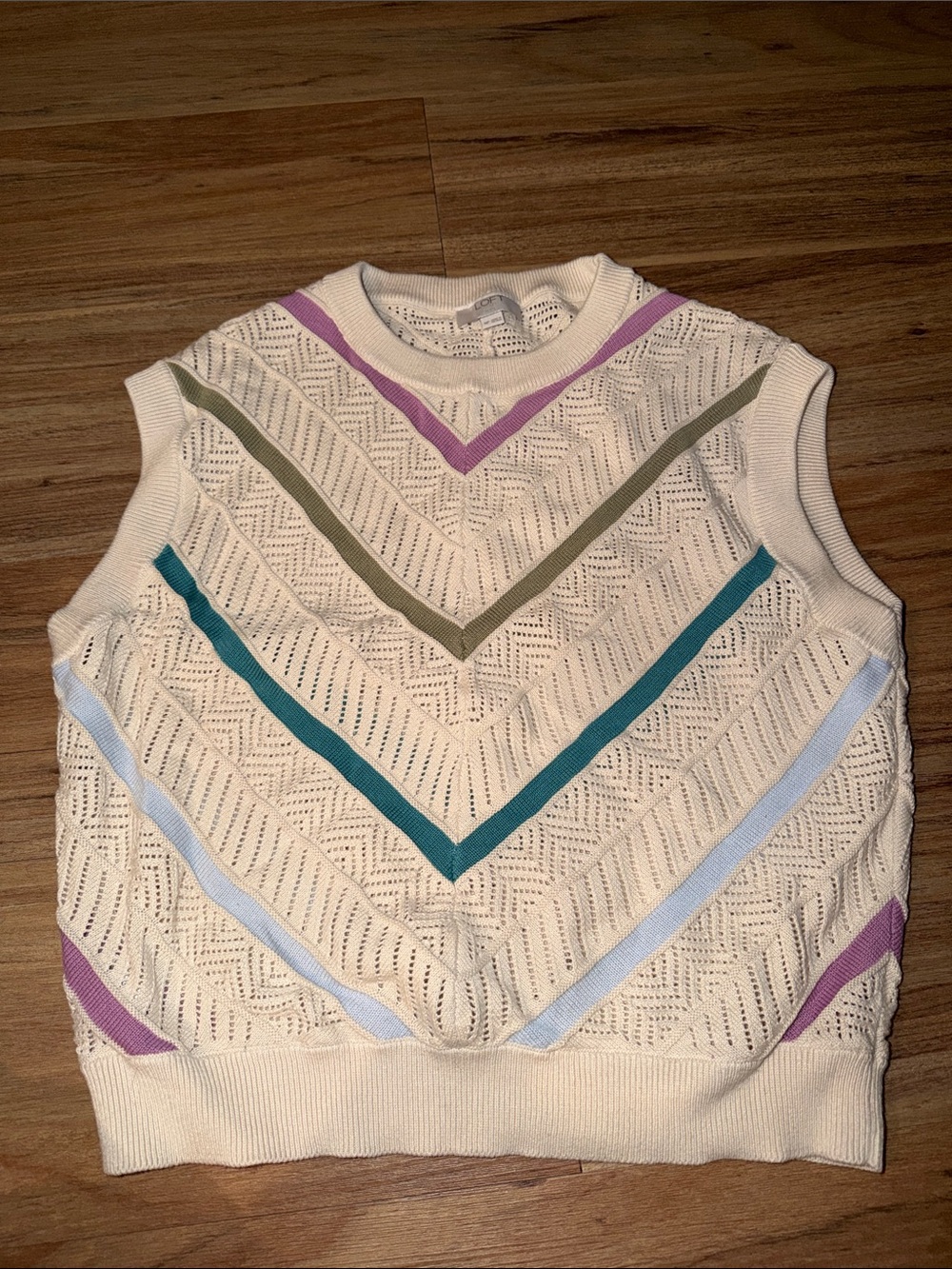 LOFT Cream Knit Sweater Vest with Lavender Chevron Trim